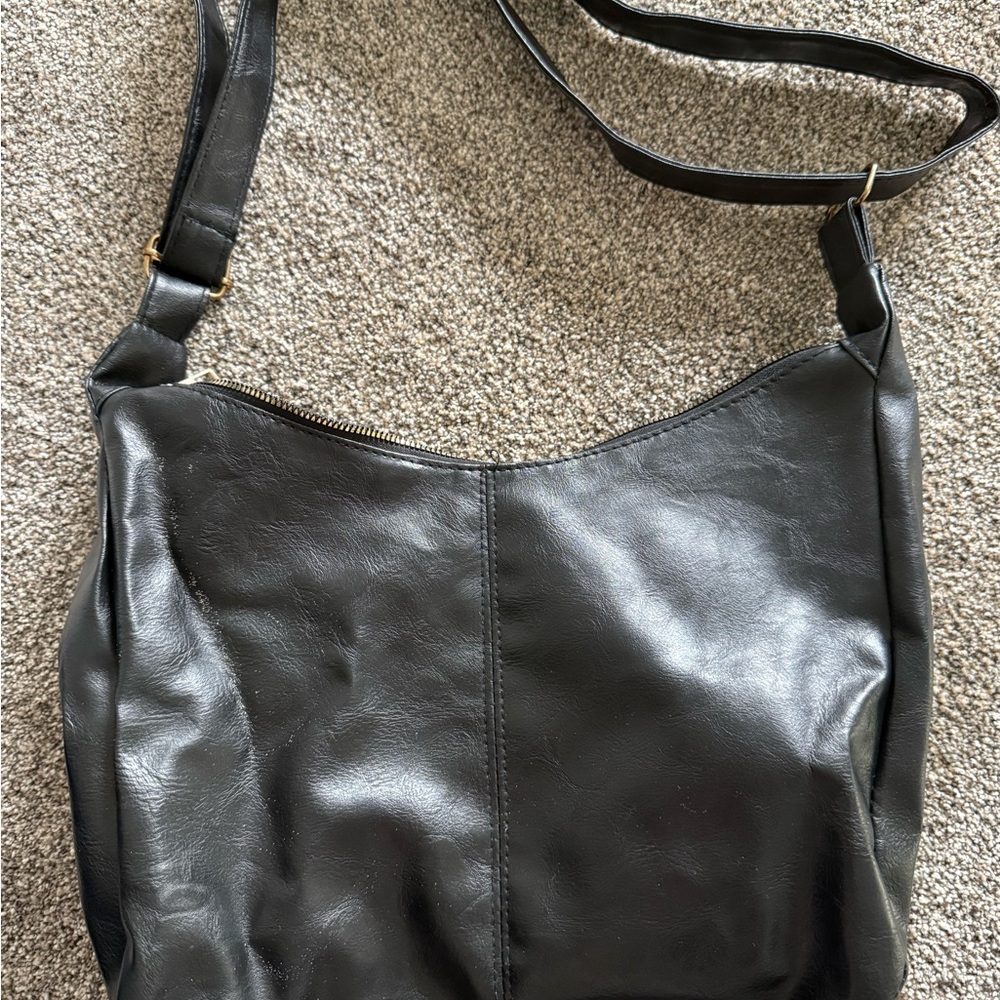 Black Vegan Leather Large Crossbody Bag - Adjustable Strap - Gold Hardware
